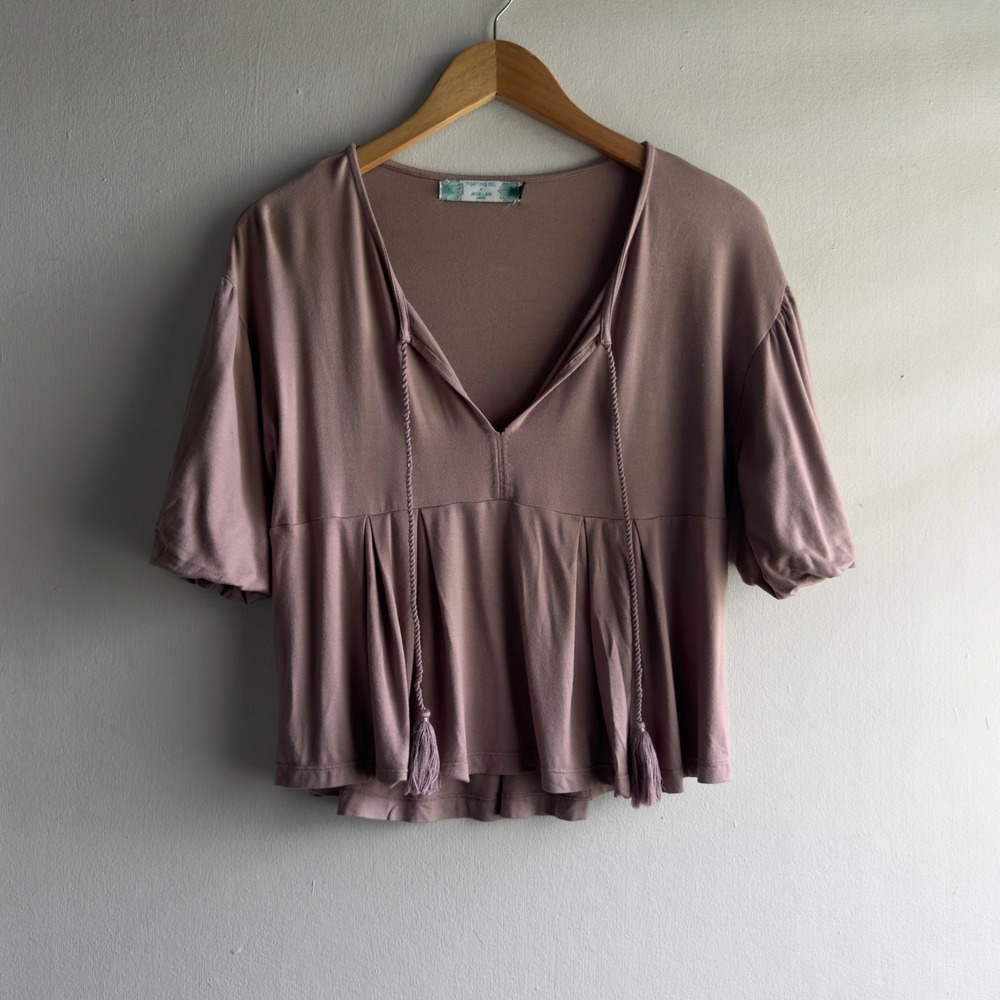 Fighting Eel x Jana Lam Tassel Peplum Top Women XS Mauve Boho Coastal Blouse